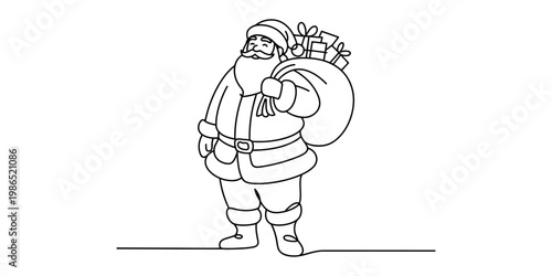 A simple line drawing of santa claus carrying a large sack full of christmas gifts on his back