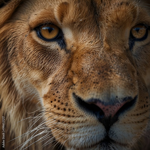 Lion face close-up with strong eye focus, shallow depth of field, blurred nature background, dramatic lighting, wildlife awareness concept