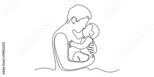 Continuous line drawing of a loving father holding and kissing his baby in a minimalist style.