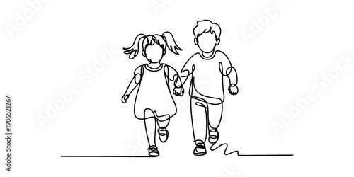 Continuous line drawing of a little boy and girl walking together while holding hands.