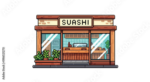 A cozy pixel art vector illustration of a sushi shop named SVASHI, featuring a warm wooden facade, large glass windows, and green potted plants.