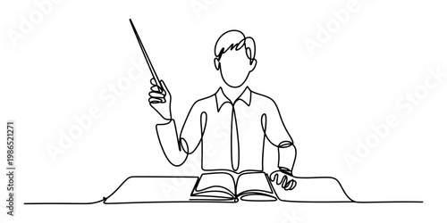 Minimalist one line art of a male educator giving a lecture with a pointer and an open textbook