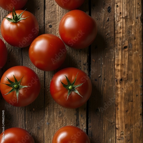 Overhead shot of fresh red tomatoes arranged on wooden table, natural sunlight, clean food background, copy space
