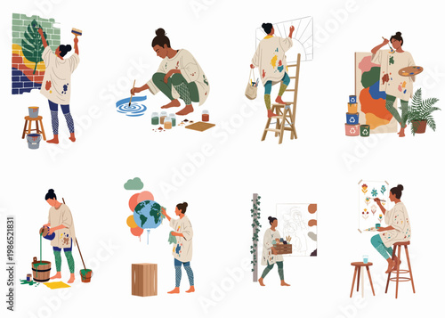 Comprehensive Set of Flat Vector Illustrations Featuring Lumberjacks Engaged in Various Forestry Activities such as Logging, Chopping, Sawing, and Tree Planting