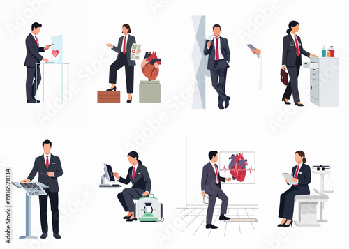 Set of eighteen minimalist vector characters in traditional Japanese kimonos demonstrating different stages of a Japanese tea ceremony on a white background.