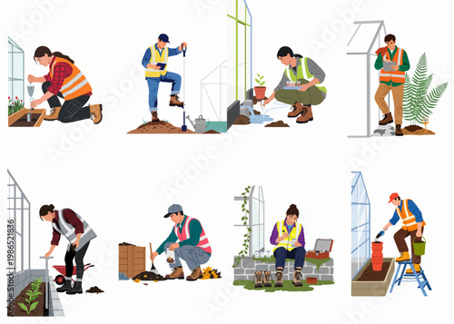 Set of illustrated vintage circus entertainers and fire jugglers performing various acts with props, isolated on a white background.