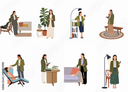 Diverse gardeners tending to rose bushes, pruning, planting, and caring for flowers, set of isolated flat vector illustrations.