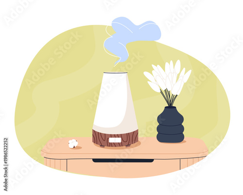 Cozy home air purifier and humidifier in stylish interior, modern household appliance for healthy breathing and comfort, aesthetic home climate control technology.