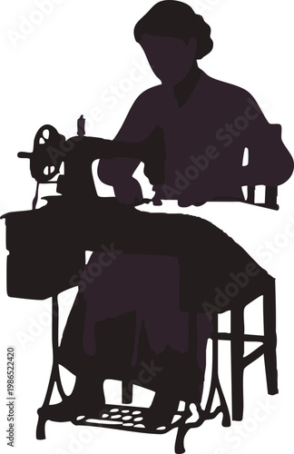 Woman sewing with vintage sewing machine black and white seamstress handmade dressmaking clothing traditional domestic industry silhouette illustration operator domesticity