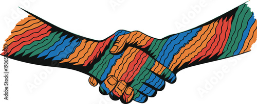 Diverse hands shaking in patchwork color scheme symbolizing unity with white background multi colored handshake partnership patchwork agreement collaboration business greeting