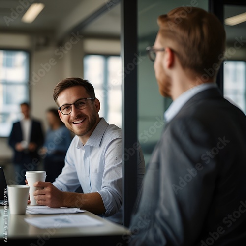 Two shot of colleagues discussing benefits plan, blurred office background