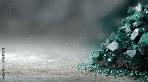 A dense pile of raw deep green malachite mineral shards with fine crystalline debris, resting on a rustic grey concrete plane