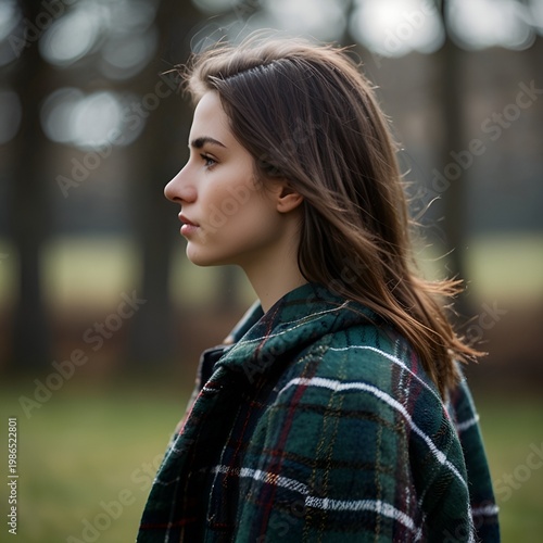 Over-the-shoulder shot of person wearing tartan clothing, blurred outdoor background