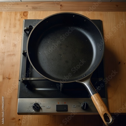 Overhead shot of empty frying pan on stove, modern kitchen background