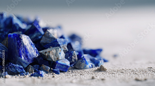 Unrefined lapis lazuli mineral shards with visible rock fractures, clustered on a bright textured concrete studio surface