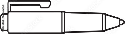 Black and white line art illustration of a ballpoint pen with a clip writing stationery