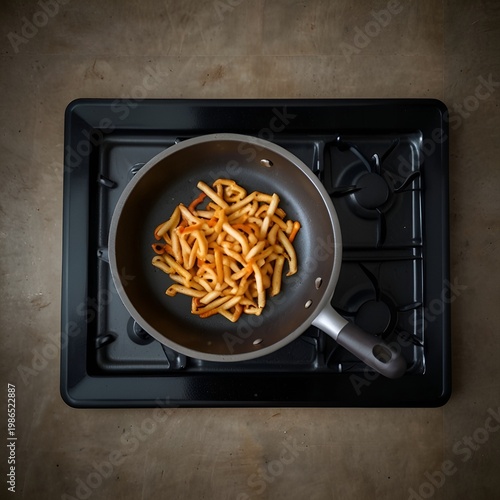 Overhead shot of empty frying pan on stove, modern kitchen background