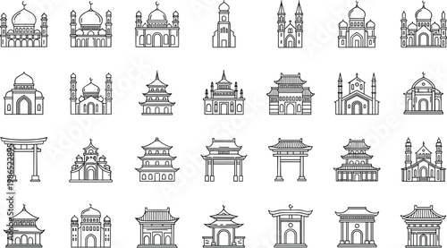 World Architecture Landmark Outline Icon Set with Temples Mosques Pagodas Gates and Historic Buildings Line Illustration