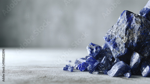 A mound of coarse raw lapis lazuli rocks showing natural grey matrix streaks, set on a textured slate background