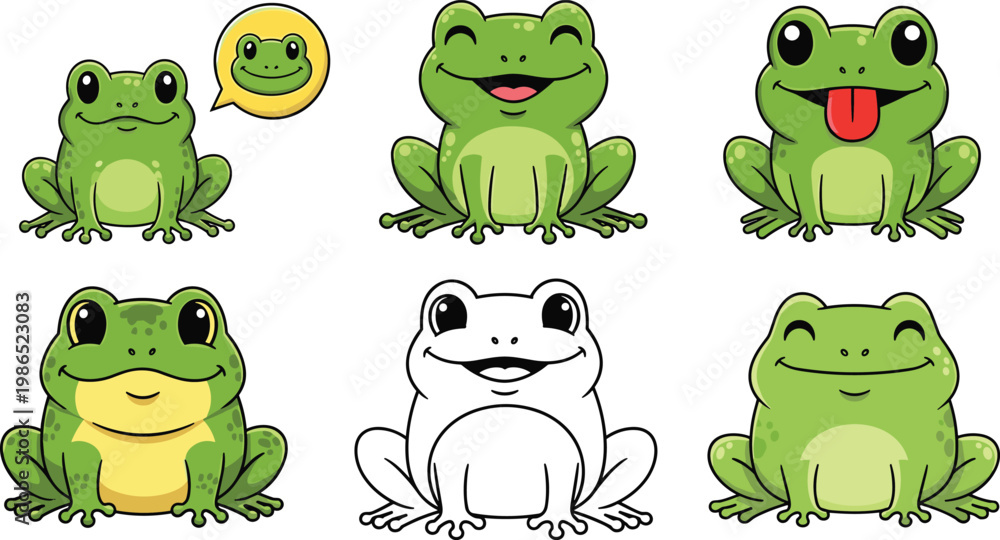 Fototapeta premium Cartoon Frog Vector Illustration Pack with Cute Amphibian Characters, Fun Expressions, and Creative Designs for Stickers and Children’s Media