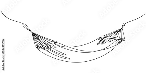 Hammock hung continuous one line drawing, Hammock one line drawing. Minimalist trendy line art. Contour vector illustration, editable stroke, Camping Hammock. Minimalistic one-line drawing hammock