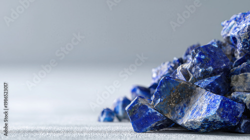 A corner collection of raw lapis lazuli stone fragments, piled on a clean light grey studio surface