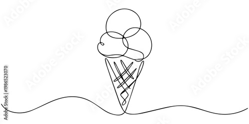 Ice cream sundae continuous line drawing set. One line art of dairy produce, milk products, food.one line drawing vector illustration, Ice Cream Cone Continuous One Line Drawing Minimalist Simple