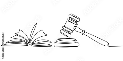 law hammer and book continuous one line drawing, Continuous single line sketch drawing of gavel law justice judge hammer and stack of books one line editable vector illustration, Judge hammer