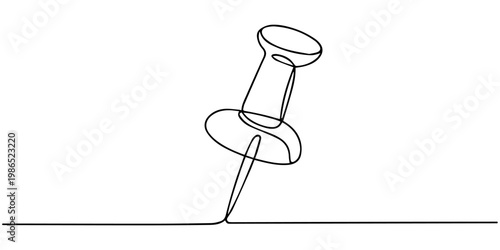 pushpin continuous one line drawing, Push pin continuous one line drawing. Pushpin sign in simple linear style. Vector illustration, Continuous one line drawing of a paper pin. Drawing pin.