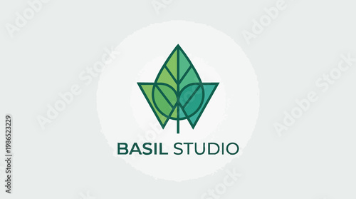 Minimalist basil leaf logo with geometric design in shades of green against a soft white backdrop for branding and design projects
