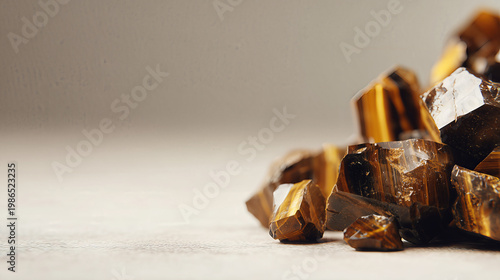 Raw tiger's eye gemstone fragments displaying natural golden brown bands against an empty neutral studio backdrop