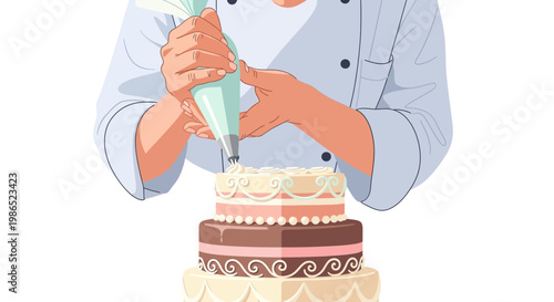 A baker in a chef's uniform decorates a tiered cake with intricate frosting using a pastry bag in a bright, eye-level shot against a clean white background, creating a visually appealing