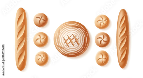 Overhead view of an arrangement of freshly baked bread, including round rolls and baguettes, displayed on a white background with warm lighting and a focus on the textures and patterns