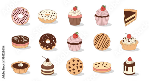 Flat lay of various sweet treats including donuts, cupcakes, cookies, and pies arranged against a clean white background, rendered in a cartoon style with bright pastel colors