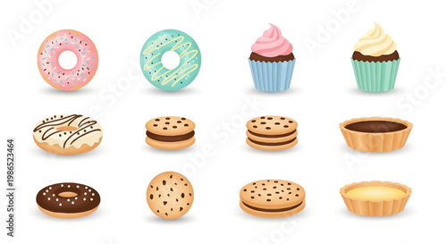 A vibrant assortment of vector desserts is presented in a clean, overhead layout, featuring colorful donuts, cupcakes, and cookies with chocolate filling against a bright white background