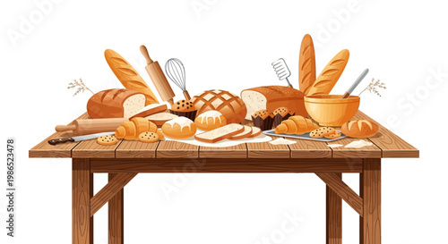 Illustrated assortment of freshly baked bread and pastries, including baguettes, croissants, and loaves, artistically arranged on a wooden table with baking tools against a clean white
