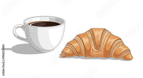 A digital illustration presents a freshly baked croissant next to a steaming cup of black coffee on a white surface, rendered with clean lines and a soft shadow for a simple, inviting