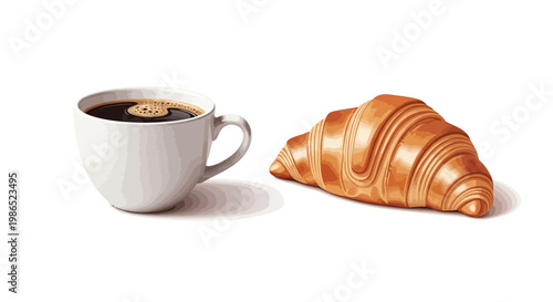 A vector illustration showcases a freshly baked croissant beside a steaming cup of black coffee against a clean white backdrop, rendered with soft lighting and warm, inviting colors
