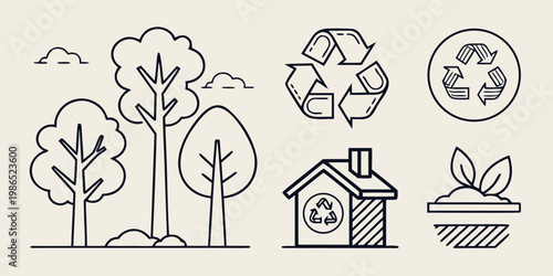 Eco friendly including trees and recycling symbols house plant