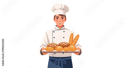 A cheerful male baker wearing a chef's hat and uniform smiles while holding a tray of freshly baked breads, presented in a cartoon style against a plain white background, creating a warm