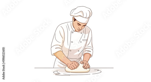 A focused male chef in a white uniform and chef's hat kneads dough with his hands on a white surface, depicted in a clean, outlined illustration against a minimalist white background