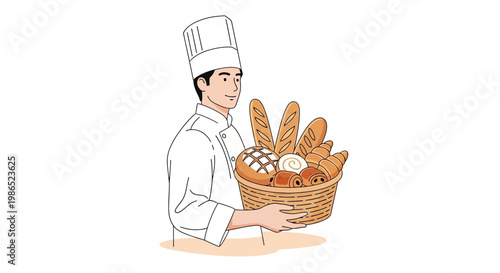 A smiling baker in a white uniform and toque carries a woven basket filled with an assortment of freshly baked breads, presented in a clean, minimalist illustration against a bright white