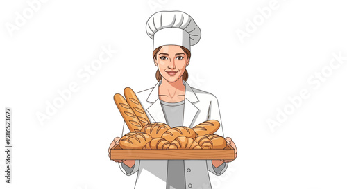 A smiling female baker in a white uniform and chef's hat happily holds a wooden tray filled with various freshly baked breads, presented in a bright, cartoon-like illustration
