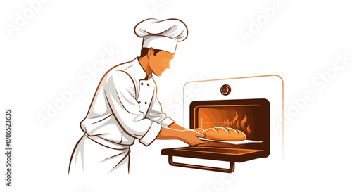 A faceless chef in a toque and uniform pulls a golden-brown loaf of bread from a white oven with warm lighting in a detailed vector illustration against a clean white background