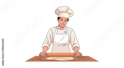 Smiling young baker is depicted in a full shot, rolling dough with a wooden rolling pin on a floured wooden surface, set against a clean white background, conveying a cheerful and focused