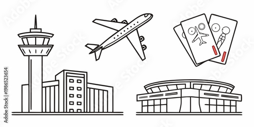 Airport and travel including airplanes, buildings, and tickets