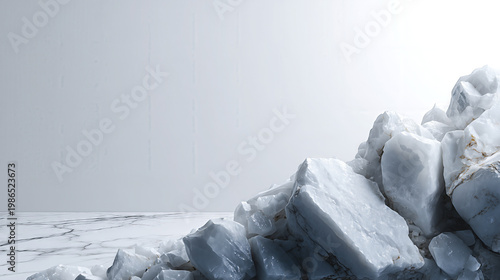 A minimalist cluster of raw white marble chunks, transitioning into a vast empty neutral background, sharp focus on natural stone textures