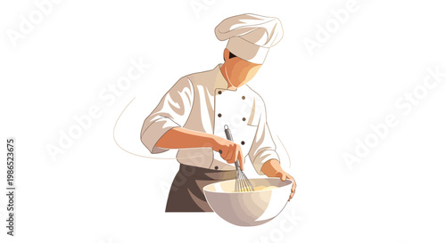 A chef in a white uniform and toque whips ingredients in a bowl with a wire whisk, depicted in a vector illustration against a clean white background, creating a focused and professional