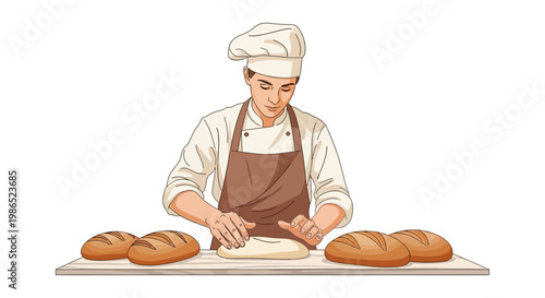 A baker in a chef's hat and apron is depicted kneading dough on a wooden board, with loaves of bread arranged around the dough, set against a clean white background in a bright, cheerful