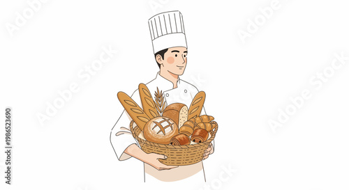 A smiling young baker in a chef's hat holding a wicker basket full of freshly baked assorted breads against a clean white background in a cartoon style with soft lighting and warm, inviting